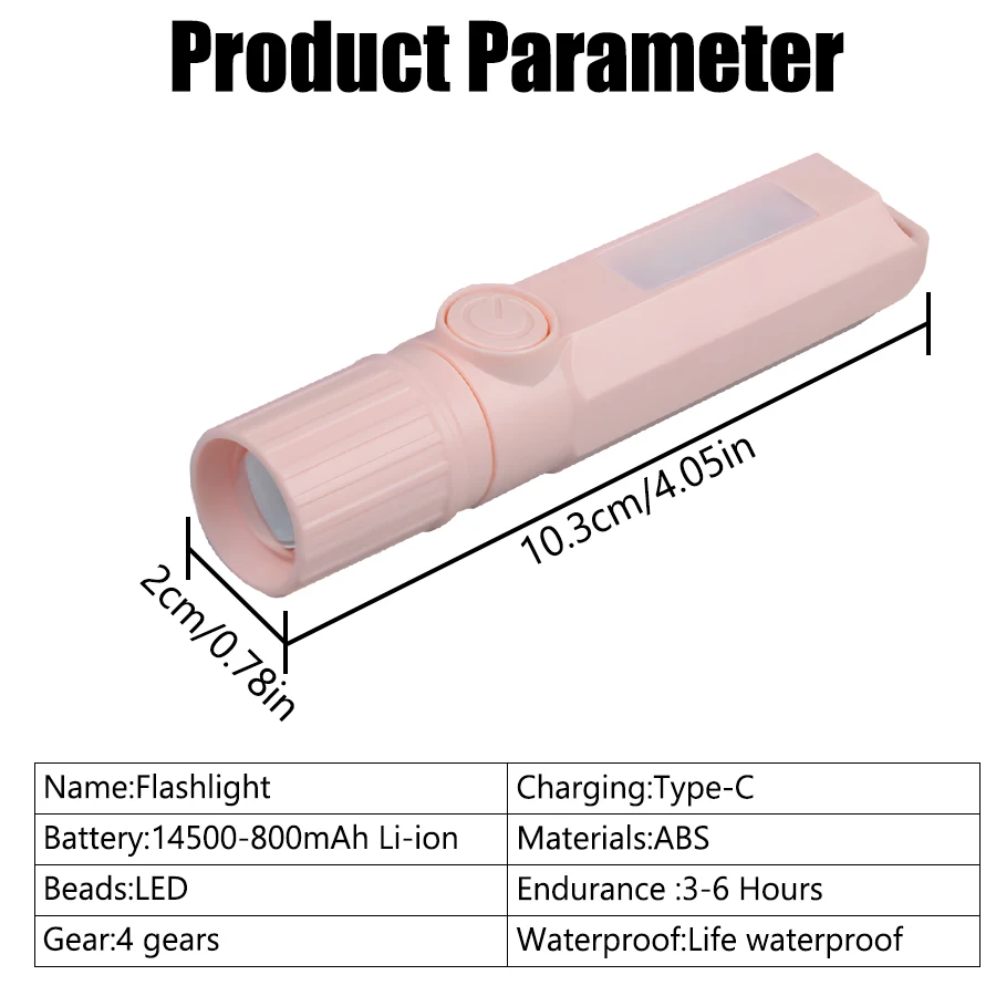 D5 LED Flashlight Rechargeable Type-C Zoom Flashlight Mini Portable with COB Floodlight for Night Lighting Outdoor Camping Torch