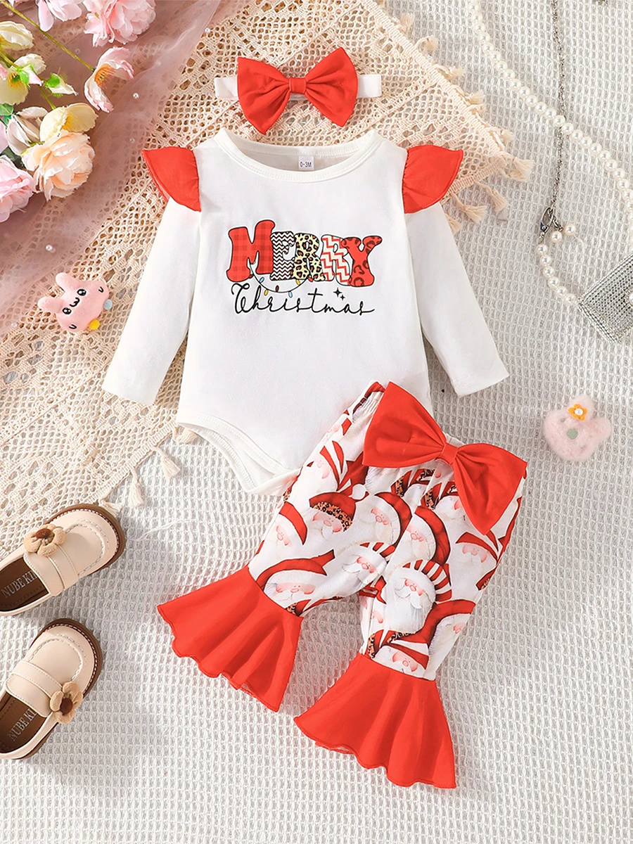 

Toddler Girls 3 Piece Outfit Set with Long Sleeve Graphic Print Bodysuit Flared Pants and Matching Headband - Cute Baby Girl