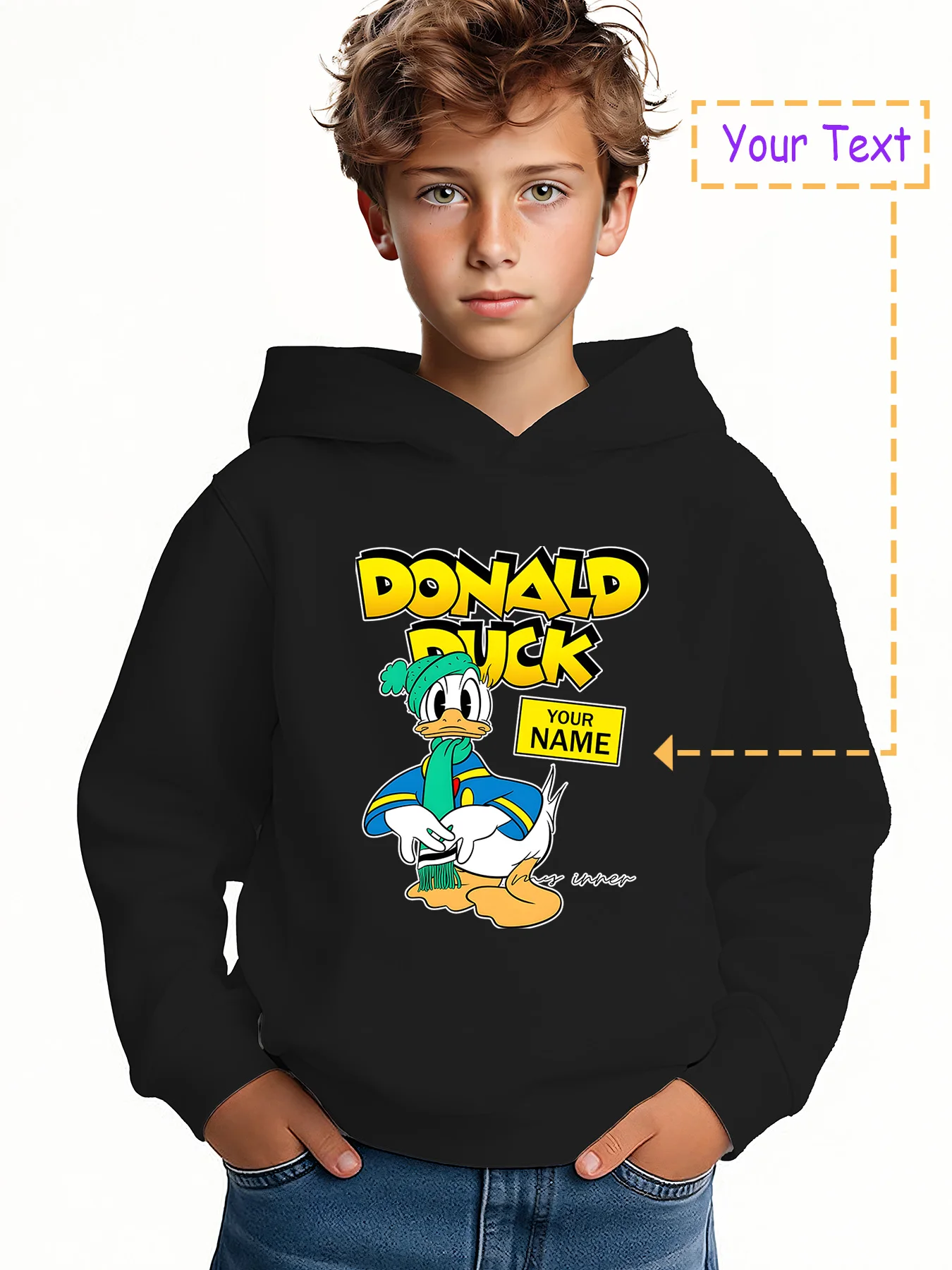 

MINISO Trendy Donald Duck Custom Boys Hoodie - Featuring a trendy Donald Duck design and customizable branding. Authentic Disney