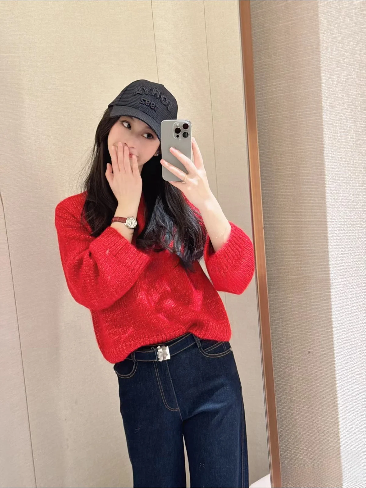 

JONIbyBEB Soft Sweater Belted Jeans New Year Red Merino Wool Camere Mixed Bright Tead Knitted Women's Faion Commute Sle