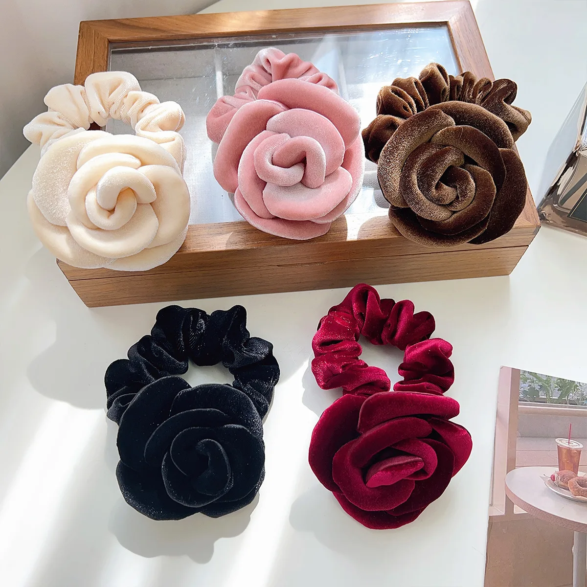 

Korean Hair Accessories Velvet Rose Flower hair rope Fashionable Elegant Ponytail Hair Ties for Women's Daily Headwear