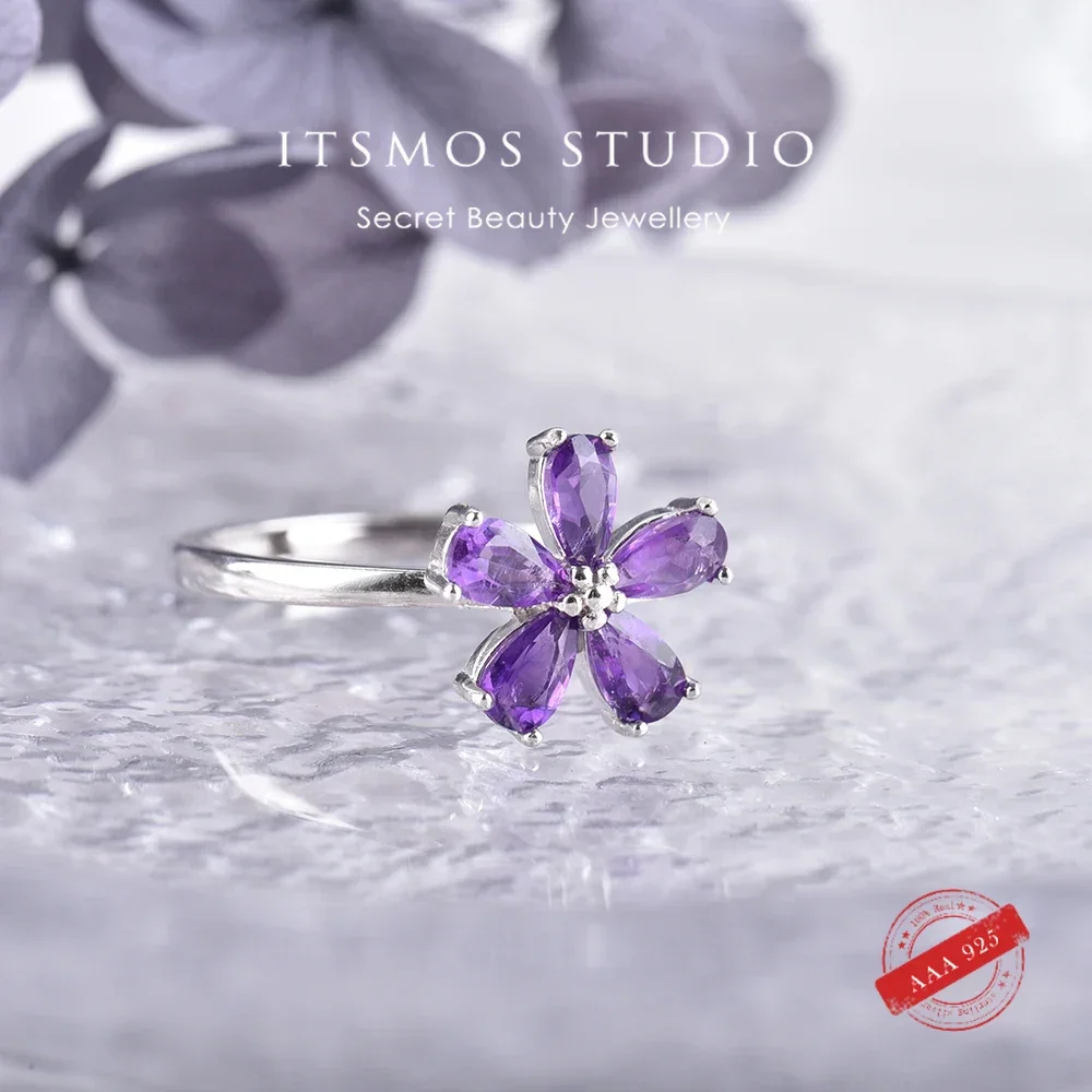 

ITSMOS Purple Amethyst Flower Rings s925 Sterling Silver Crystal Raw band Pretty Jewelry for Women Mother's Day Gift