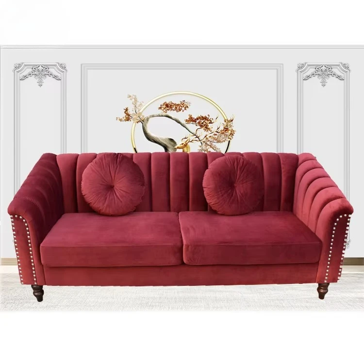 Luxury Royal Red Velvet Italy Design Fabric Small Sofa With Two Pillows Design Stainless Steel Button Couch