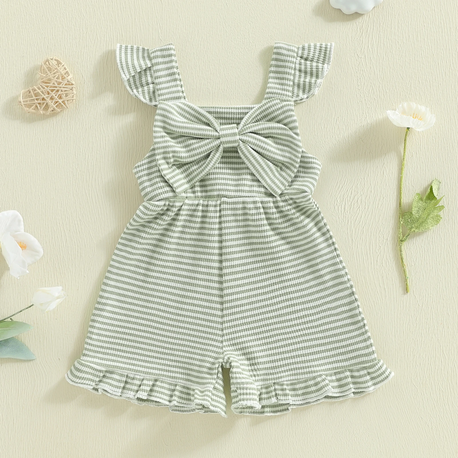 Summer Toddler Baby Girls Striped Jumpsuits Cute Sleeveless Square Collar Ruffles Bowknot Rompers Ruffles Shorts Overalls