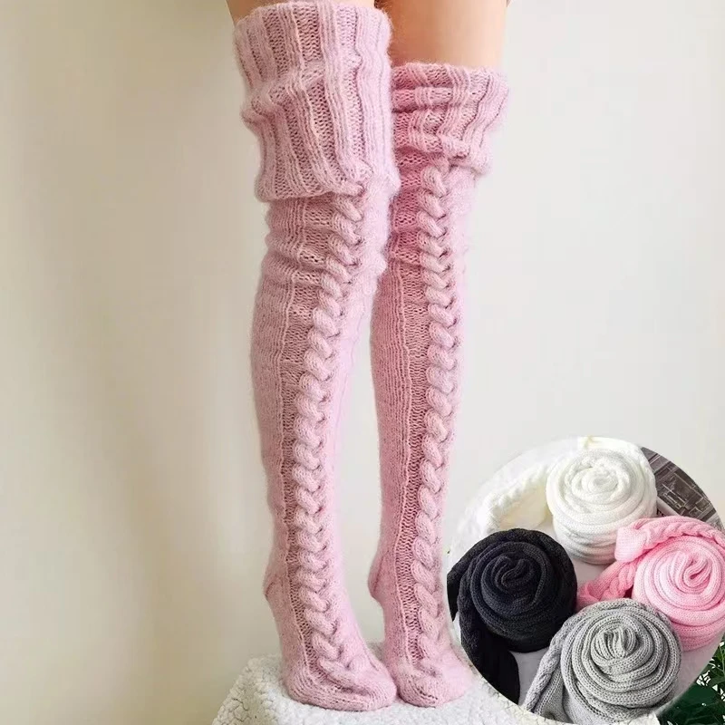 Chaussettes tricotées au genou pour femmes, couvre-pieds en laine, colores sólidos, bas Sexy au-dessus du genou, Cosplay de invierno