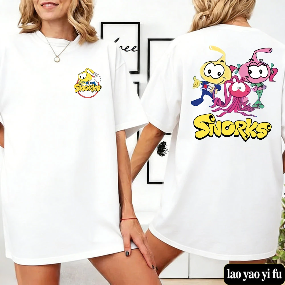 Unisex Snorks Classic Cartoon TShirt Double Sided Chest Back Graphic Casual Cotton Short Sleeve Streetwear Summer Women Clothing