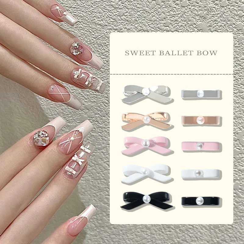 10Pcs Ballet Dancing Shoes Nails Bowknot Charms 3D Alloy Silk Ribbon Pink Girl Bows Kawaii Nail Art Decorations Nail Accessories