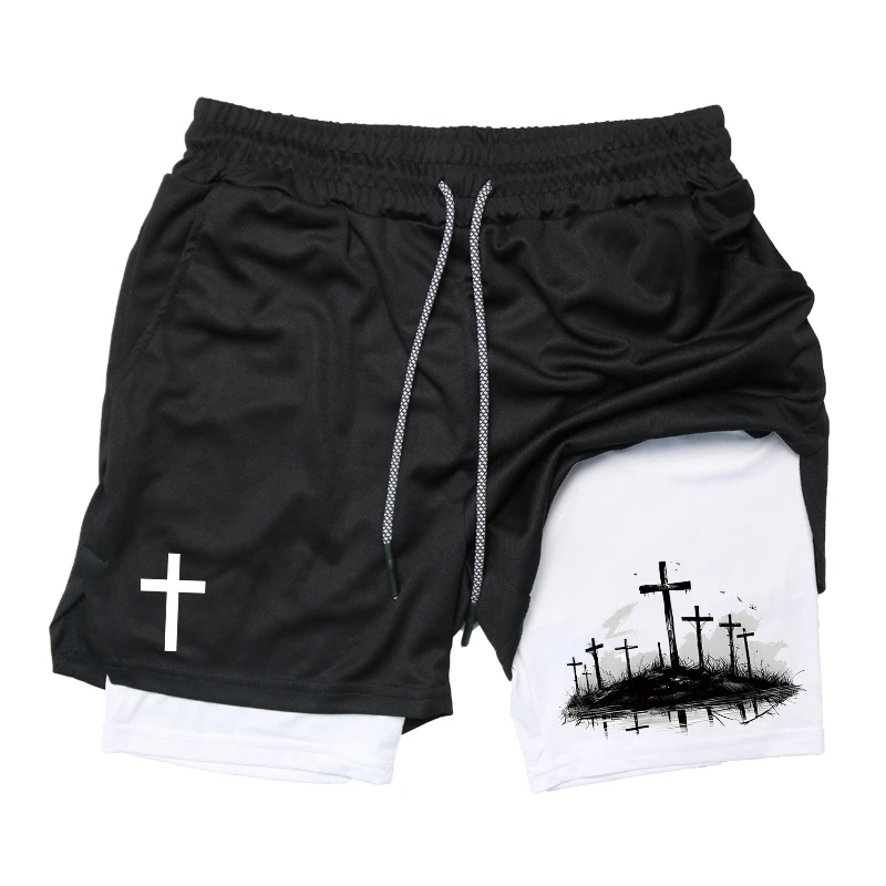 

Print 2 in 1 Running Workout Shorts for Men Christian Gym Athletic Performance with Phone Pocket Towel Loop Activewear