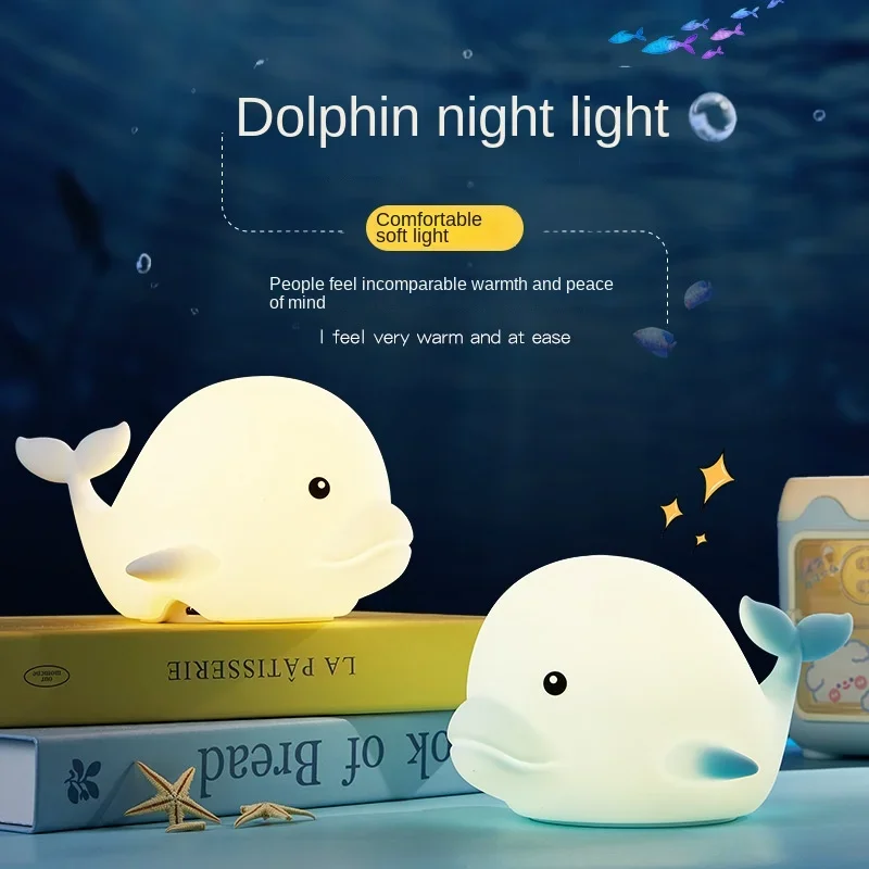 

Dolphin Silicone LED Night Light USB Rechargeable Dimmable Bedside Atmosphere Light with Touch Switch Decorative Lamp & Sleep Co