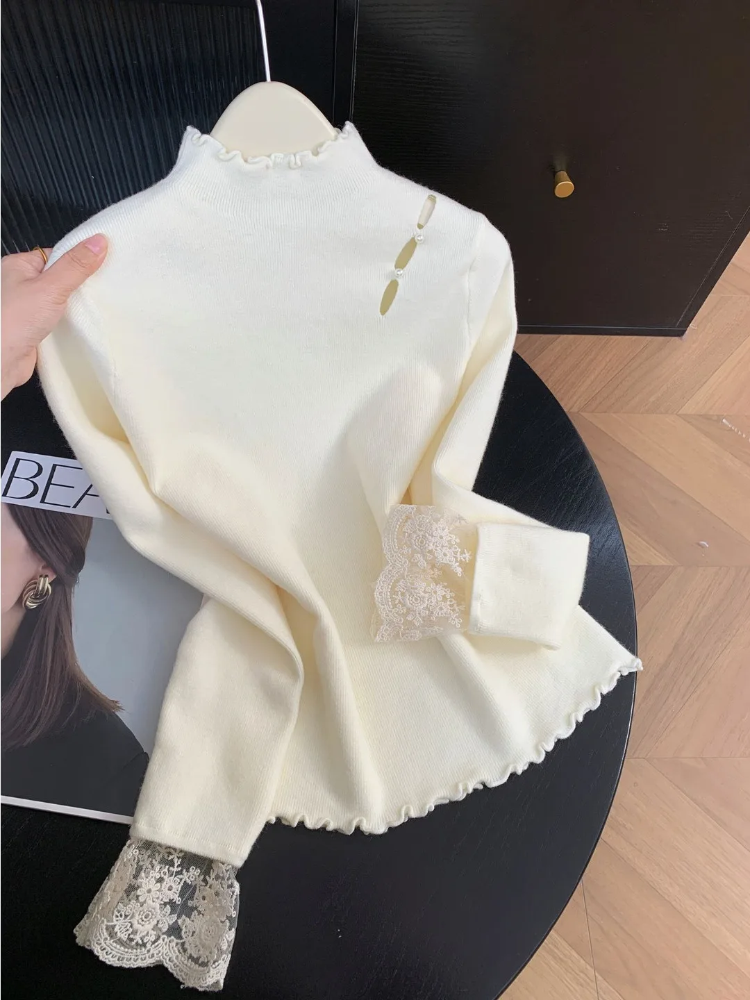 

Ele Lace Splicing Knitted Top Women's Long Sve Hollow out Ear Musoom Collar Slimming Base Layer Spring Autumn