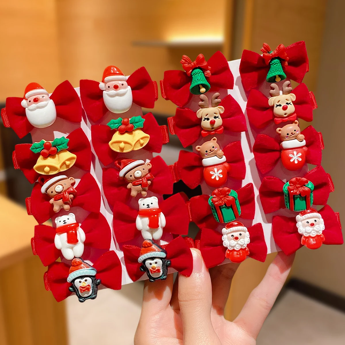 10Pcs Red Velvet Christmas Bow Hair Clips, Santa Elk Bell Decor, Women Holiday Hairpins for Xmas & New Year Gifts