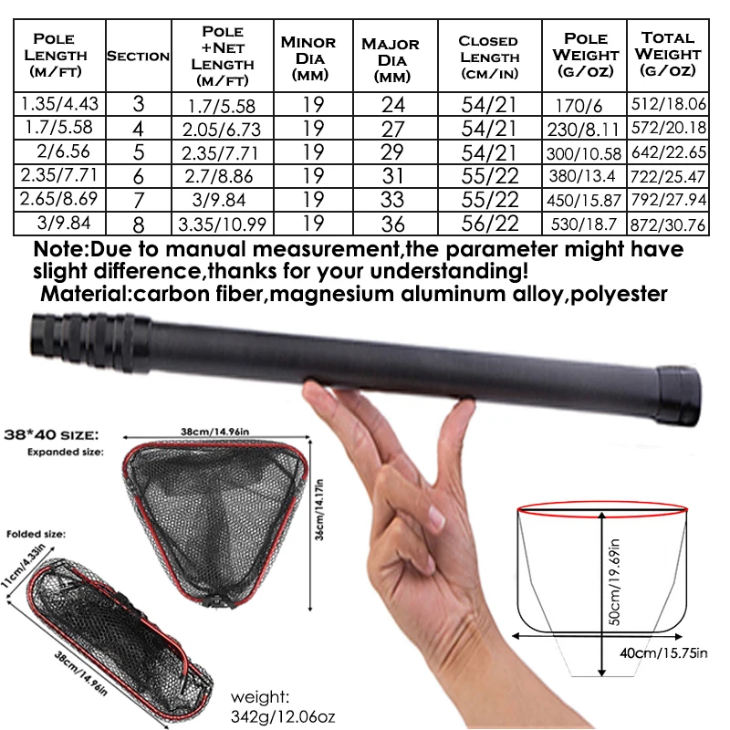VWVIVIDWORLD Brand,1.7m-3.35m,Portable,3 Layer Carbon Fiber,Fishing Hand Net,Foldable Telescopic Pole Handle,Fishing Gear