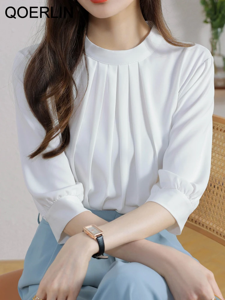 QoerliN Stylish OL White Shirts Women 2023 Spring Fall O Neck 3/4 Sleeve Solid Workwear Formal Tops Blosue Chiffon Shirts Female