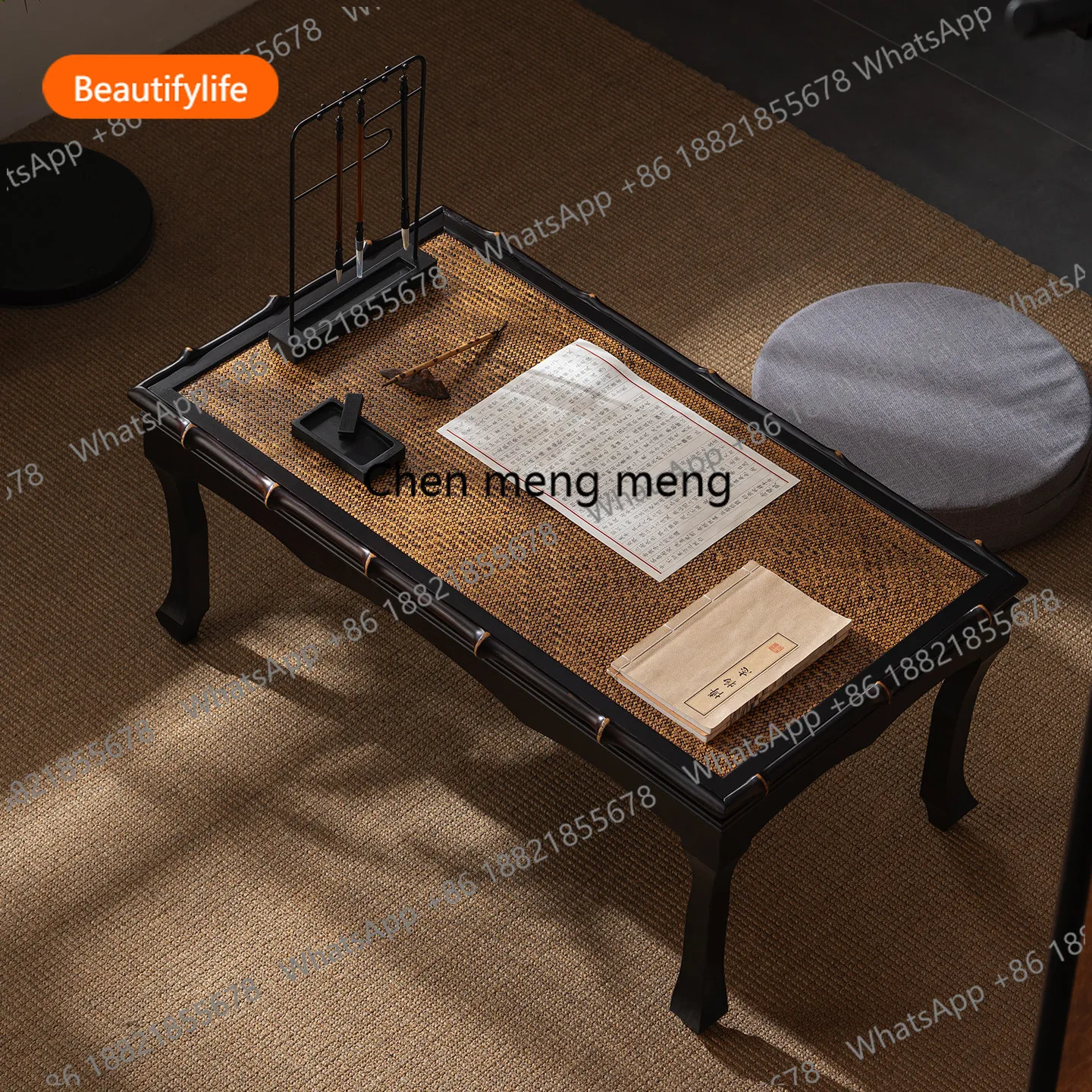 A55 The atmosphere of the study is arranged with a new Chinese-style bamboo calligraphy table, a coffee table on the floor,