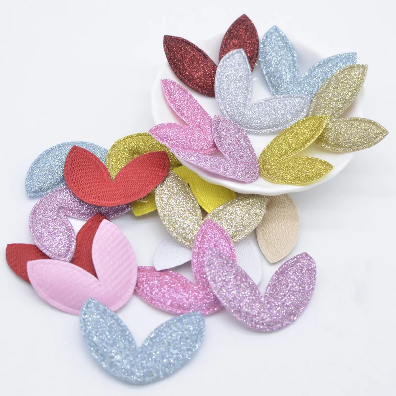 50Pcs 36*28mm Padded Glitter Fabric Kawaii Rabbit Ears Applique for DIY Hat Crafts Stick-On Patches Headwear Hairpin Decor