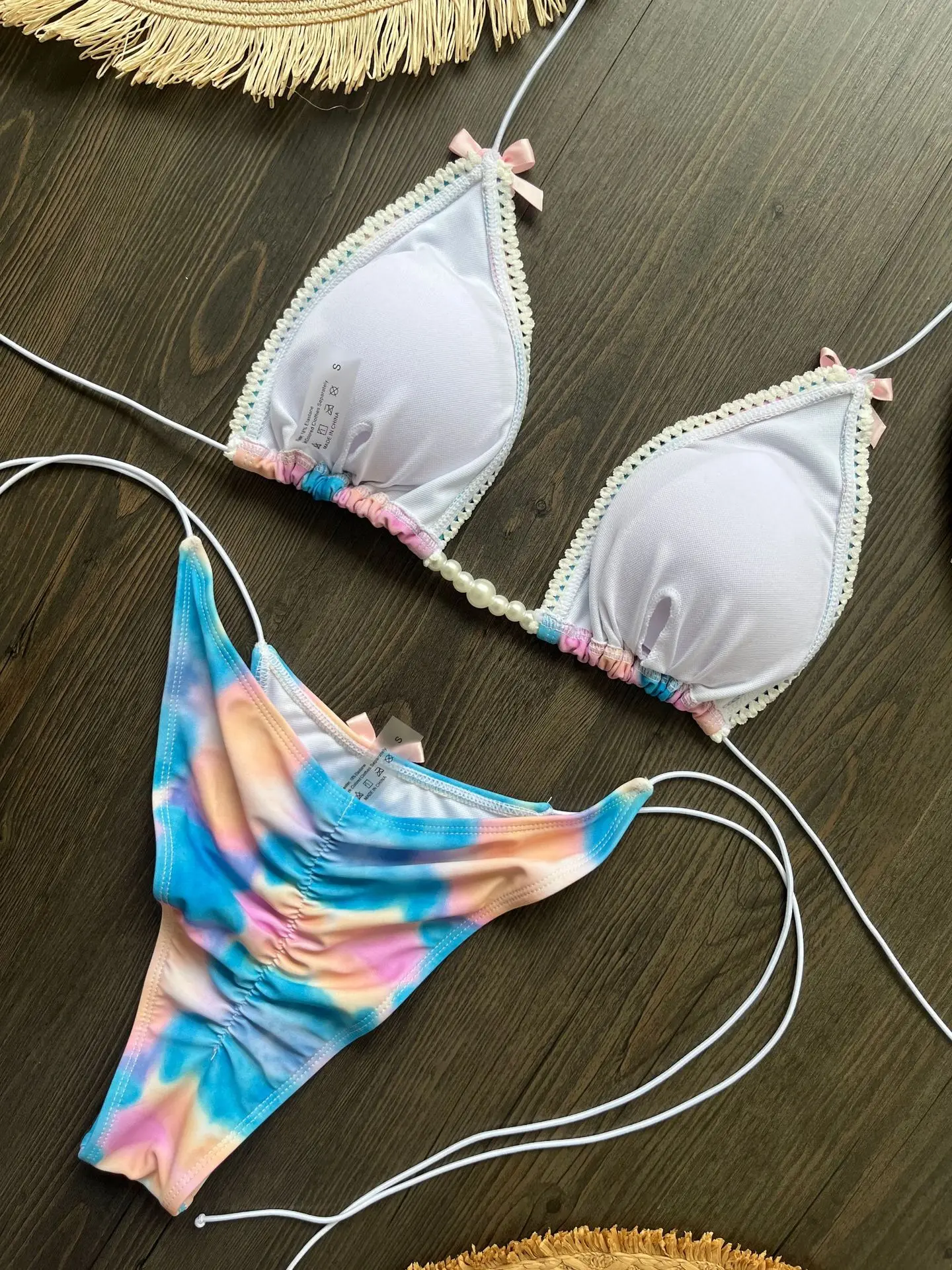 DEKA Tie Dye Bikini Set Pearl Swimsuit Women Pleated Triangle Lace Up Thong Micro Bikini Summer New Sexy Ladies Bathing Suit