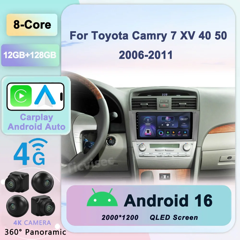 

Android 16 Car Radio Multimedia Video Player for Toyota Camry 7 XV 40 50 2006-2011 Navigation Head Unit Carplay Stereo Speakers