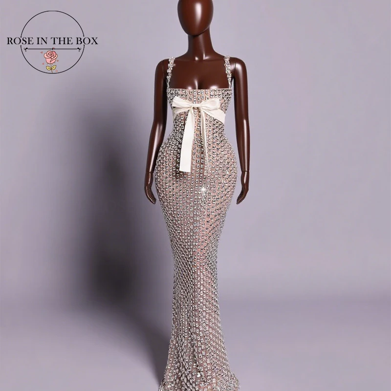 ROSEINTHEBOX Luxury Sliver Designer Evening Dresses with Sparkling Crystal Gowns For Woman wedding party Customized image 2