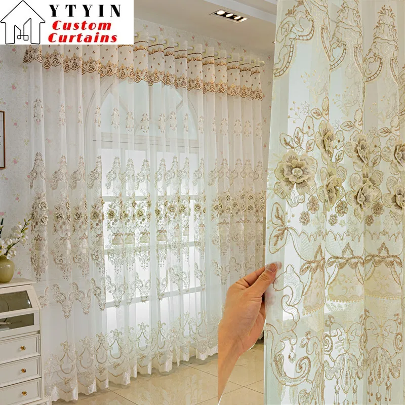 

European Luxury Balcony Floating Window Gauze Embossed Embroidery Custom Size Curtains for Living Dining Room Bedroom White