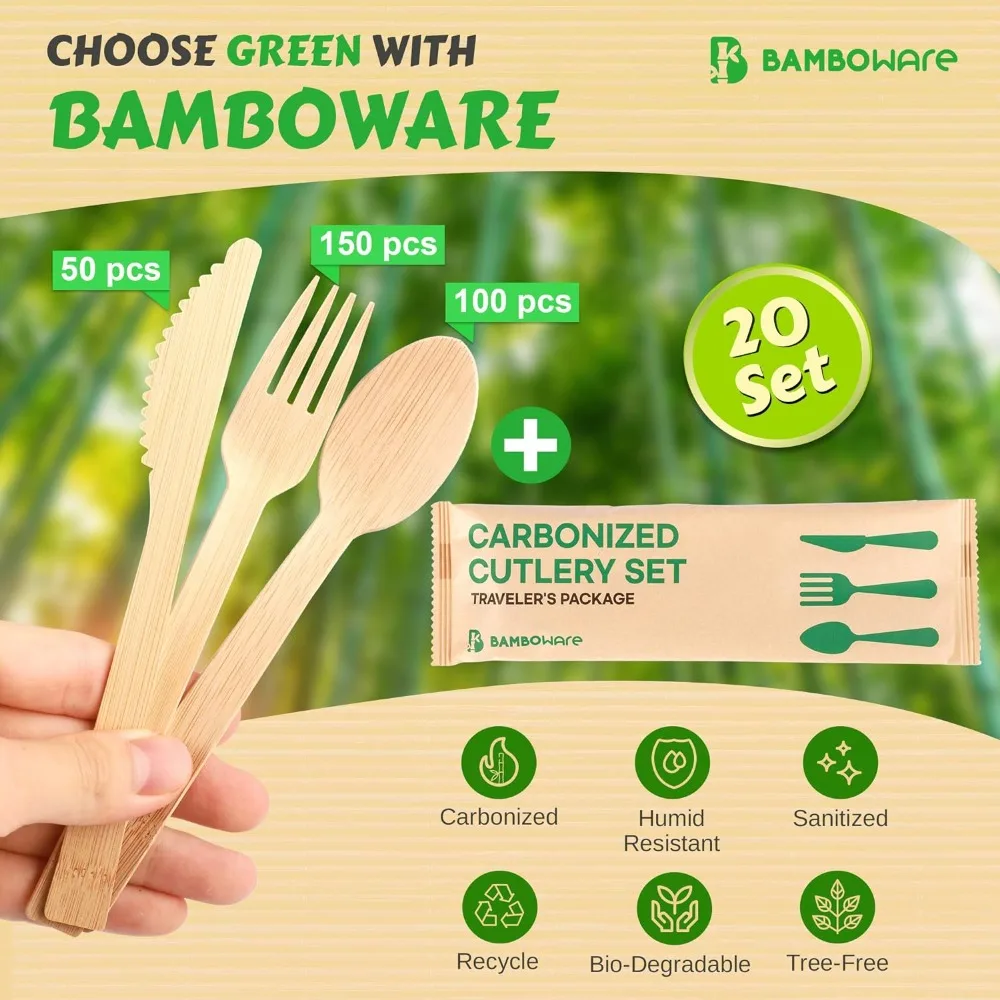 100% Bamboo Utensils - 360PCS Combo Pack Carbonized Disposable Cutlery Biodegradable and Sanitized - Heavy Duty & Fully Function