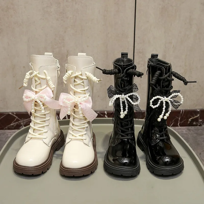 Girl's Winter Boots Knee-high Zip Children Fashion Bow Boot Zipper Black White 26-37patent Leather Stylish All-match Kids Shoes