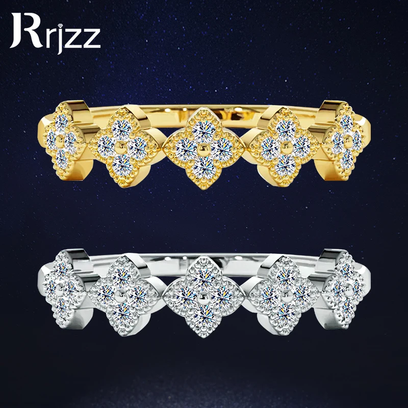 

Rrjzz женское кольцо из стерлингового серебра 925 пробы с четырьмя листами клевера, блестящие кольца с муассанитом и 5 цветами для женщин, повседневные ювелирные изделия