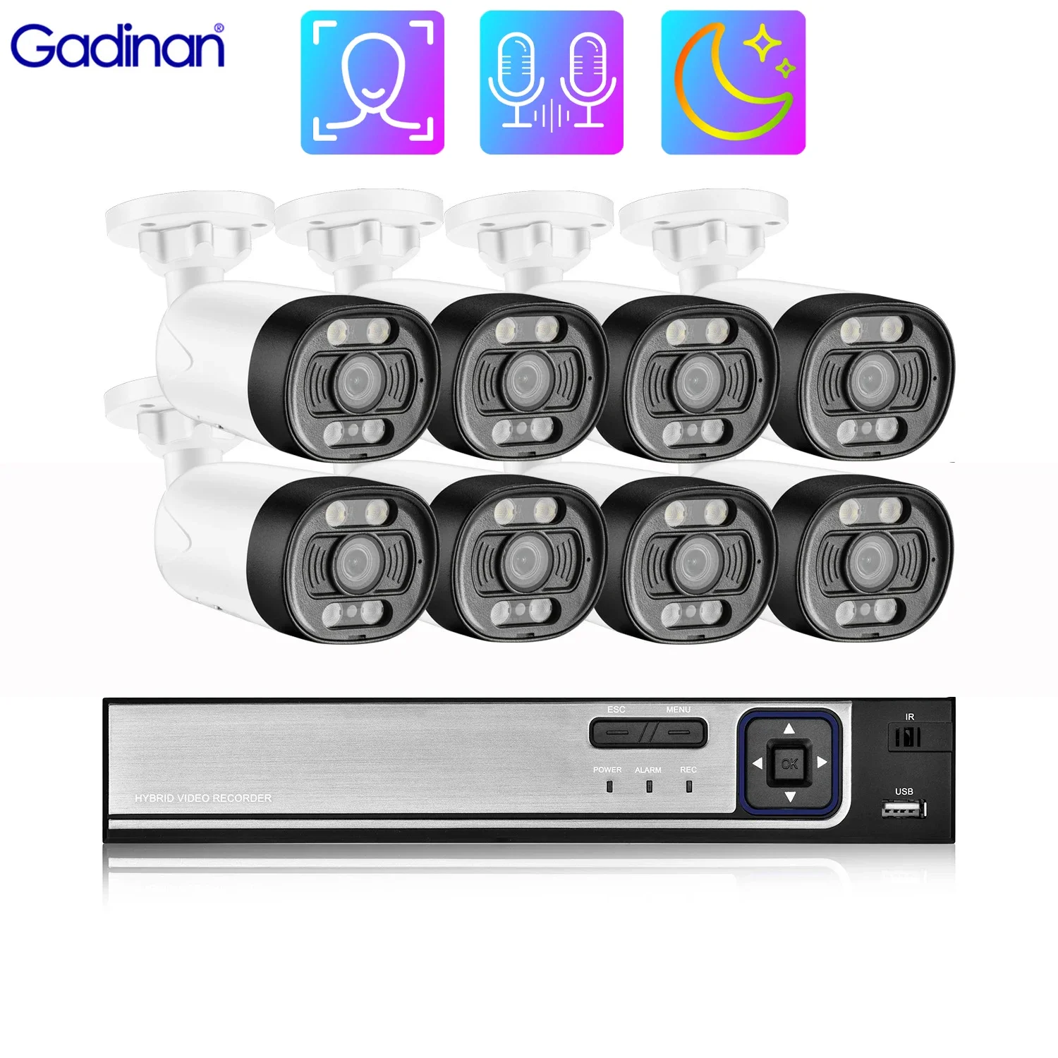 Gadinan 5MP Video Surveillance Camera CCTV POE NVR Kit  AI Face Detect Bullet Two Way Audio Recorder Color Night Security System