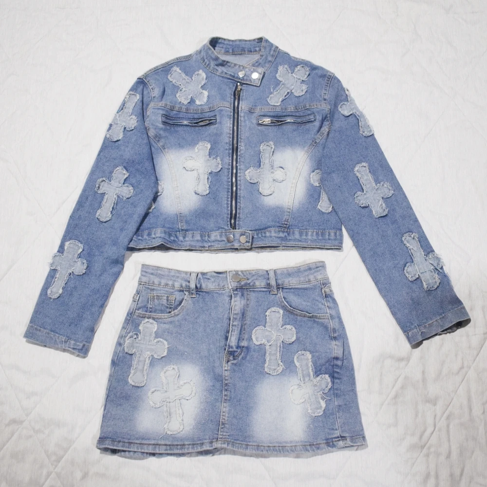 

Luxury Brand Design 2024 Autumn Winter New In Denim Jacket Tops And Mini Short Skirt Set For Women Outerwear Jean Coat Clothing