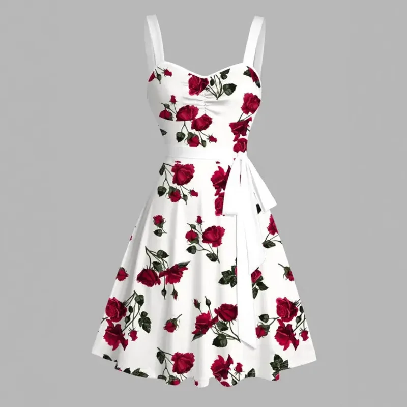 

Rose Pattern Mid-Length Skirt with Belt - Elegant Sleeveless A-Line Skirt