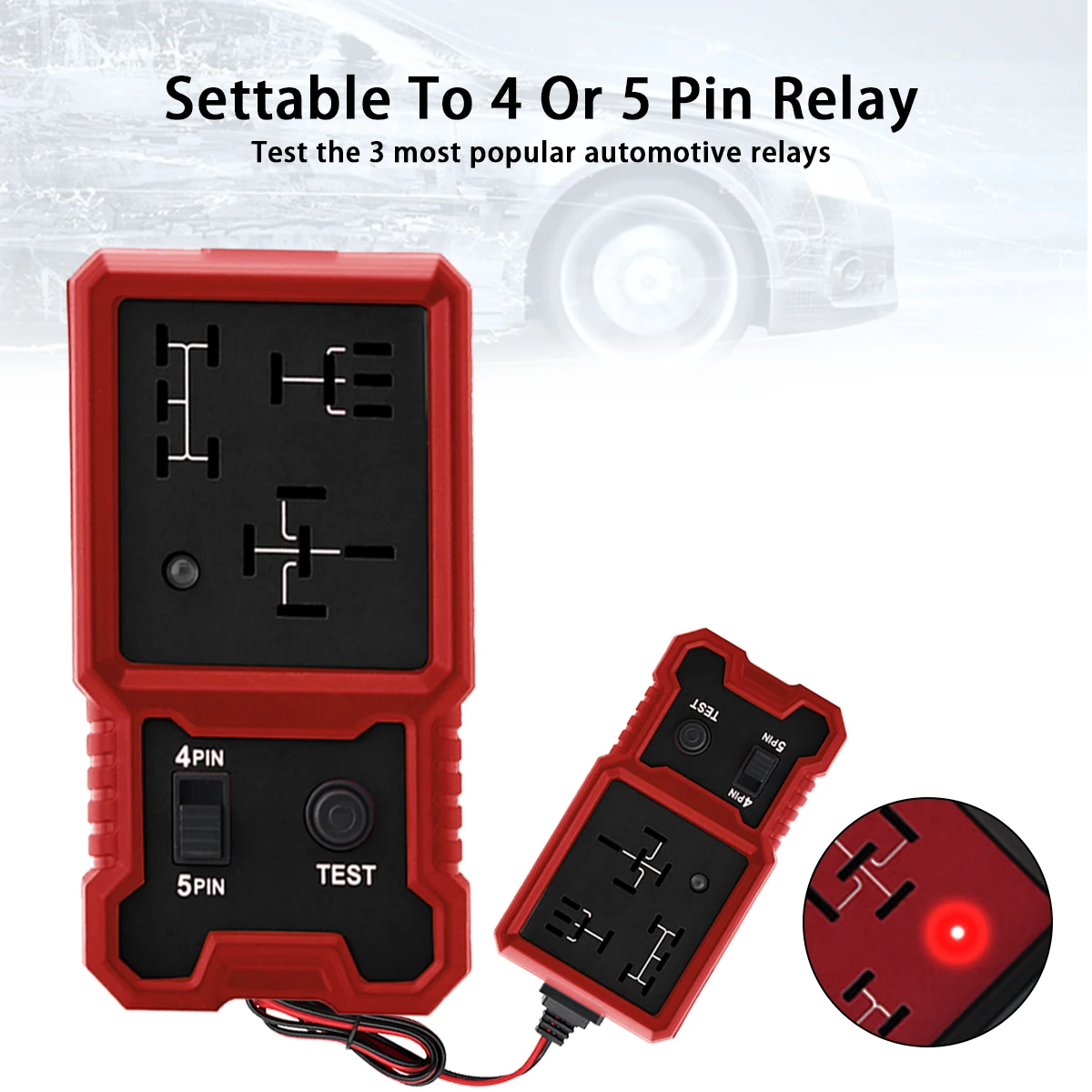 12V Automatic Relay Tester - Suitable for 4-Pin and 5-Pin Relays - Easy Diagnosis with Battery Clamp - Ideal for Automotive and Vehicle Systems