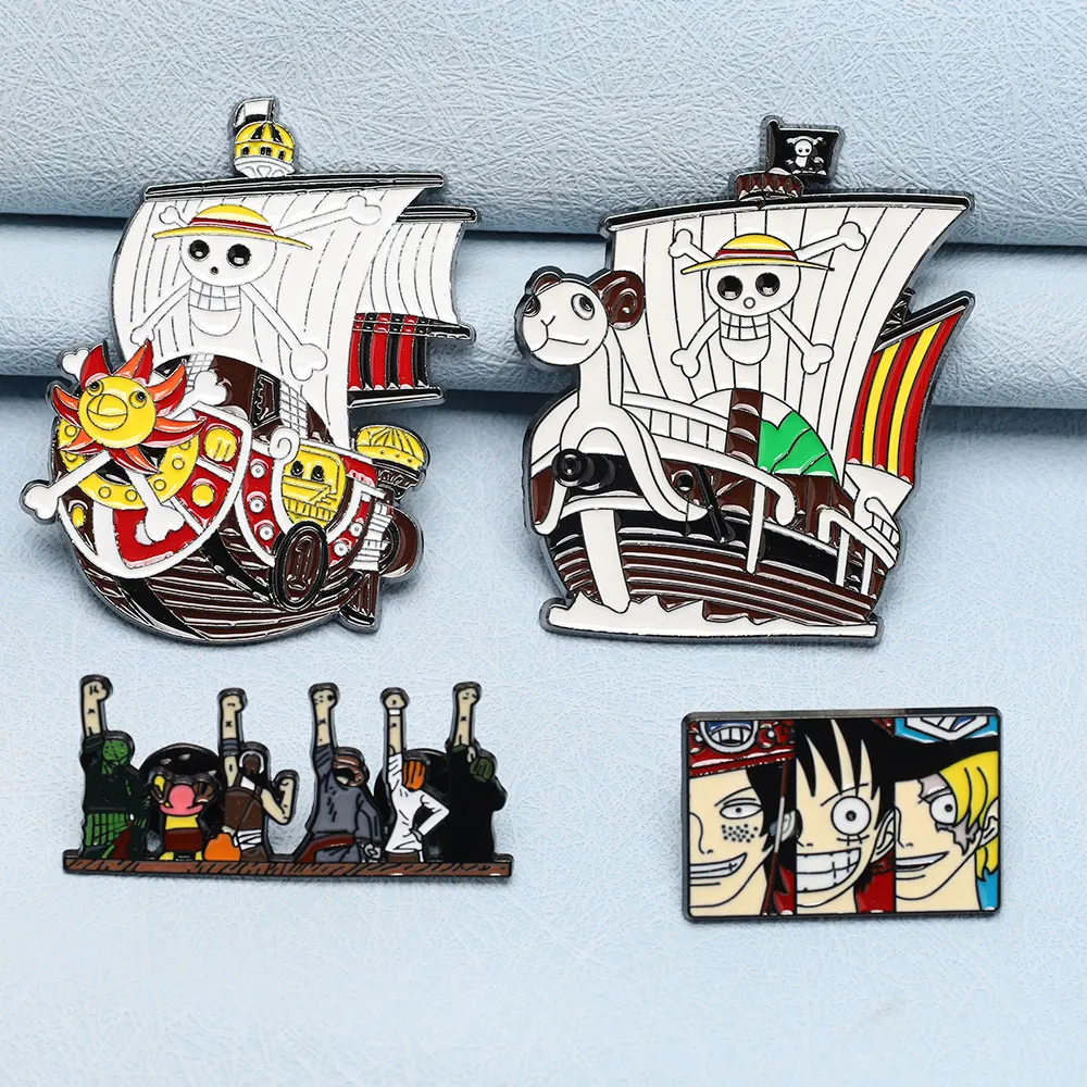 4PCS Anime Peripherals Straw Hat Pirates Ship Brooch LuFei Cosplay Bag Pin Accessories Jewelry For Fans Gift