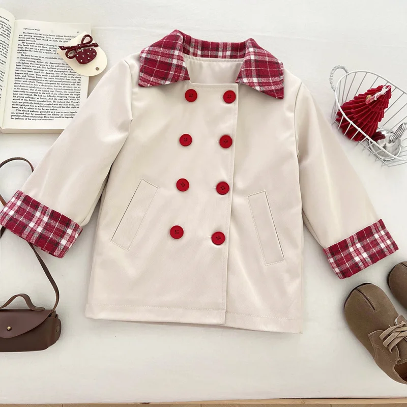 

2025Girls' Spring and Autumn New High Quality Korean Style Long Plaid Lapel Double Breasted Wind Coat
