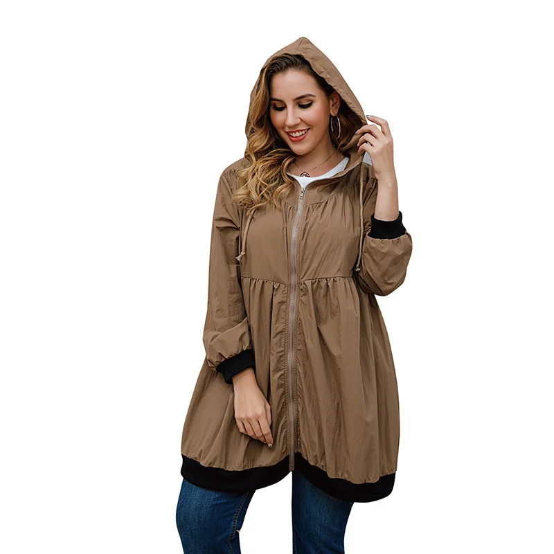 

Hooded Trench Coat Women Thin Windbreaker Spring Summer Oversize Loose Outerwear Zipper-up Solid Color Overcoat Female Outdoor