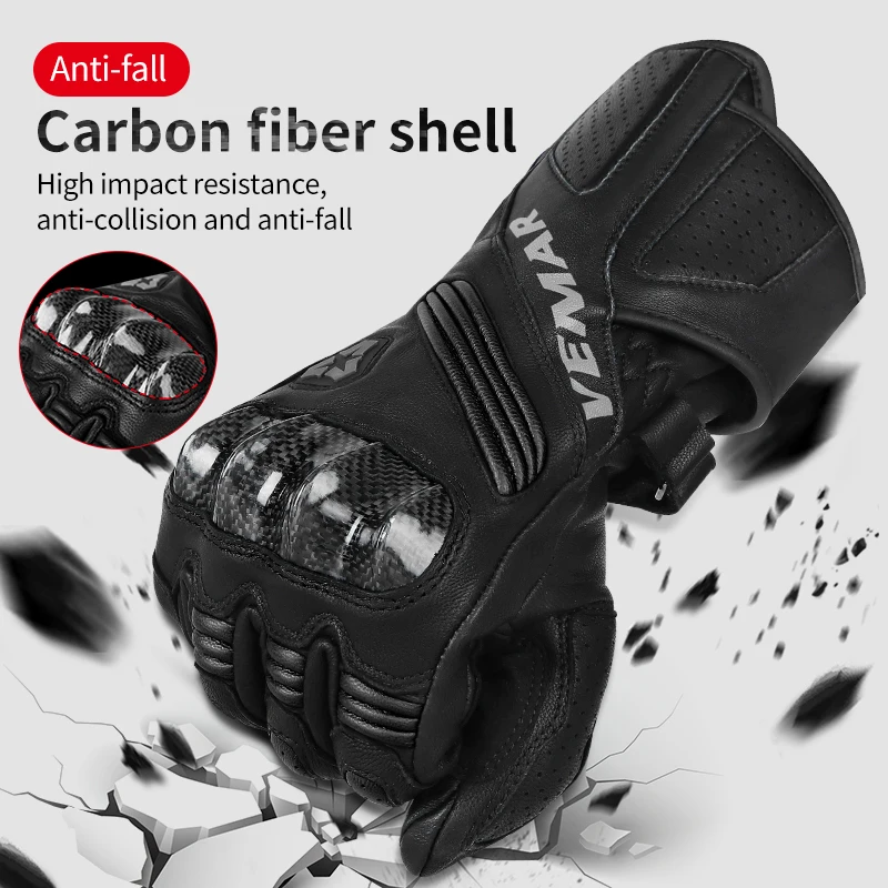 VEMAR Men Genuine Leather Motorcycle Racing Gloves Touchscreen Motocross Gloves Carbon Fiber Shell Protective Motorbike Gloves