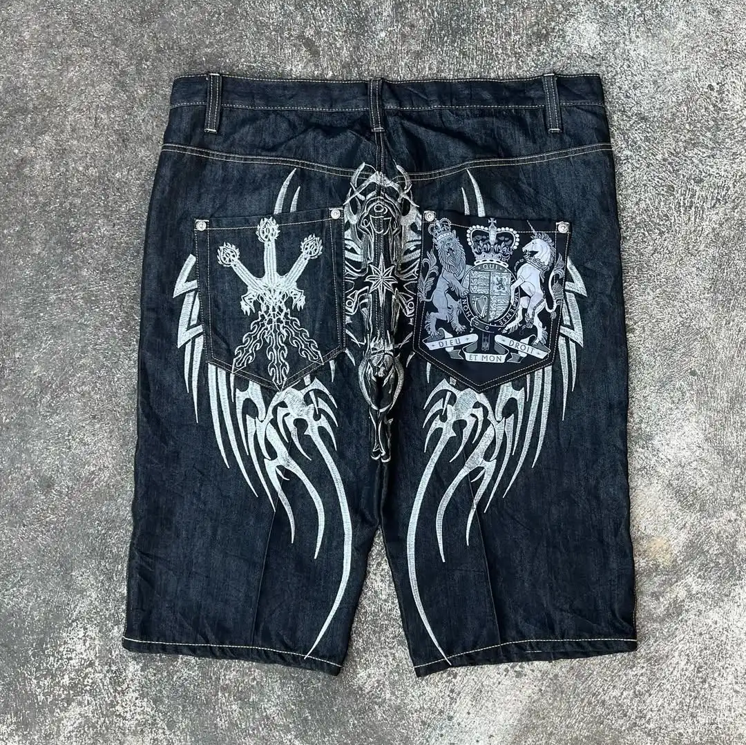 Baggy Y2K Neue Trend Harajuku Hip-Hop Rock Joker Straße Herren Sport Hosen Gothic Retro Stickerei Lose Amerikanischen Denim Shorts