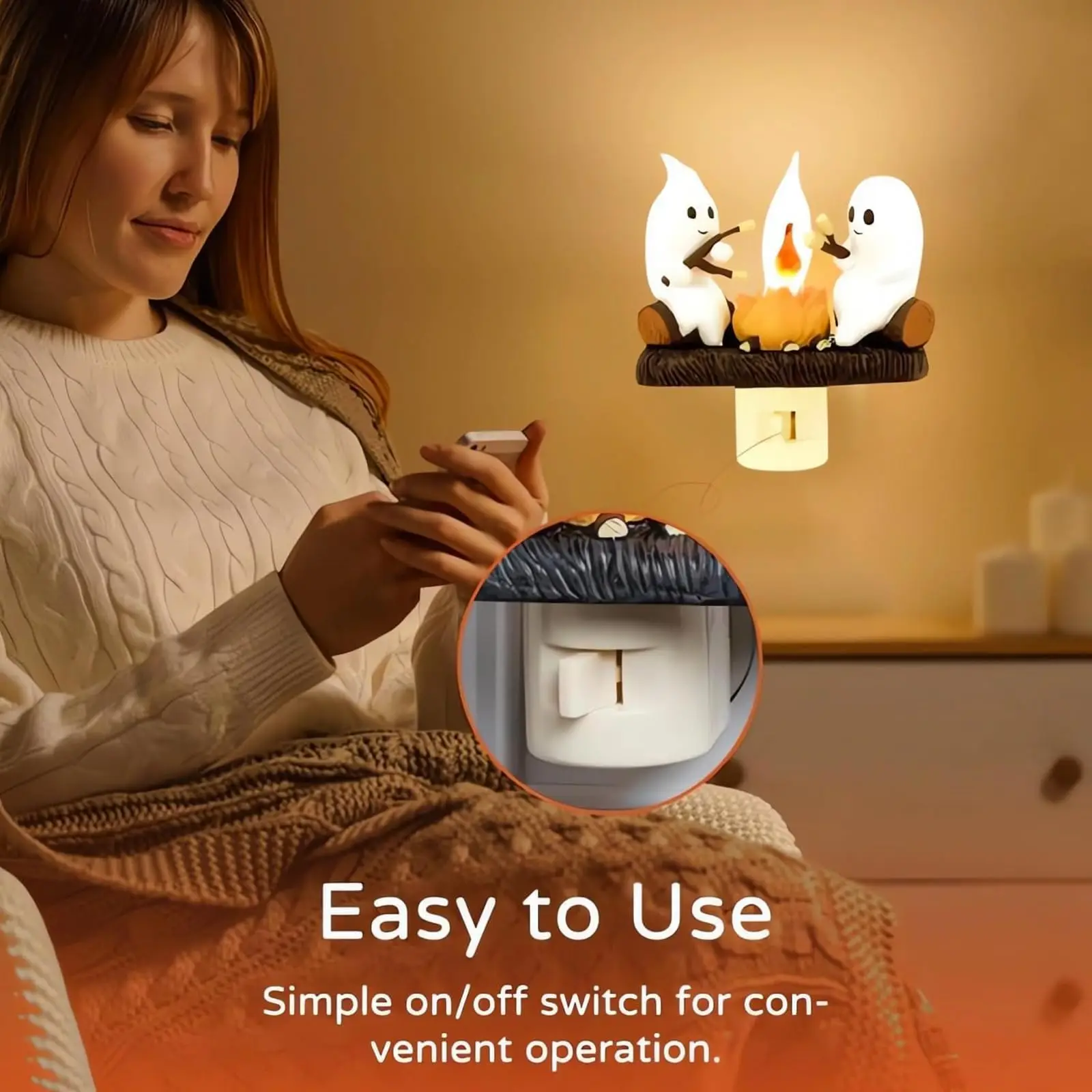 Ghost Campfire Flickering Nightlight- Ghost Roasting Marshmallows at Campfire,3D Spooky Fire Marshmallow LED Night Light