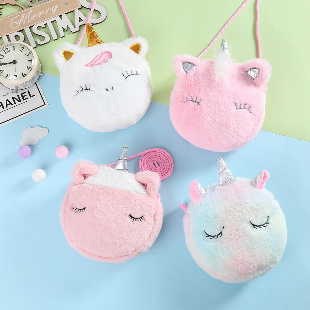 Tas bahu anak perempuan Unicorn, dompet tangan Mini putri lucu boneka hewan Unicorn