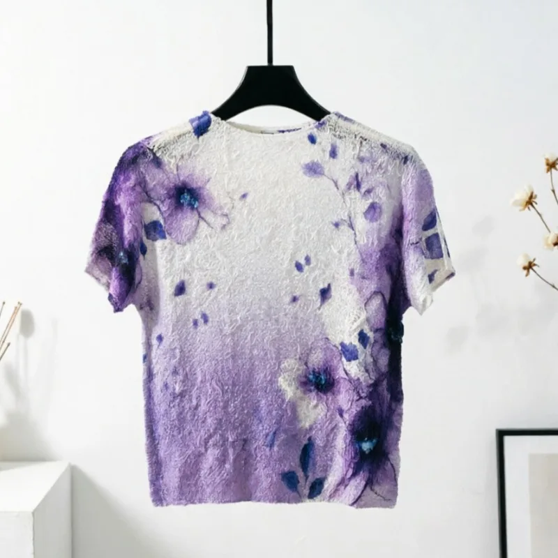 Miyake Pleated T-Shirt Gradient Fashion Print Short Sleeve Summer Lightweight Comfortable Elegant Slim Fit Stretch Women's Top