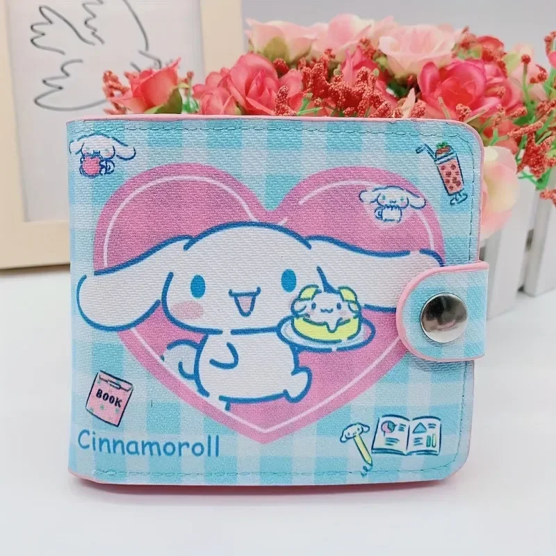 Whosale Sanrio Hello Kitty Cinnamoroll PU Casual Short 2 Fold Cartoon Purse Card Holder Wallet Kuromi Button Card Bag Wallet