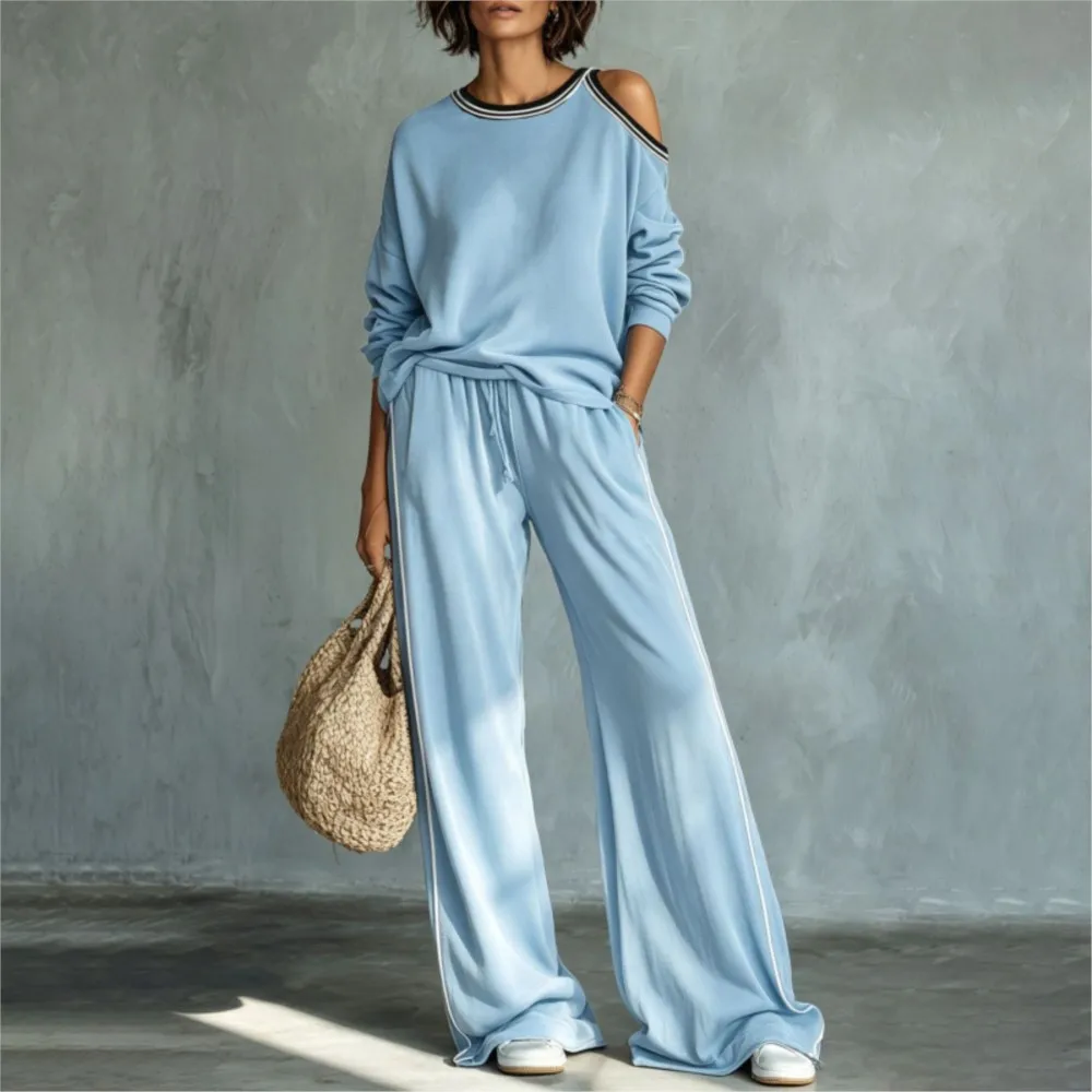 Women Casual Hoodie Two Piece Sets Autumn Winter Solid Sexy Off One-shoulder Long Sleeve Top & Wide Leg Sweatpants Versatile Set