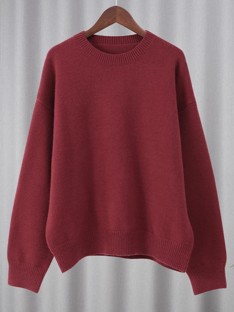 Women\'s Knitted O-neck Wine Red Casual Pullover Solid Color Long Sleeved Autumn Sweater Ladies Warm Commute High Street Knitwear