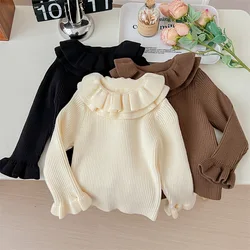 Petal Collar Sweater for Girls Korean Kids Autumn Winter Thicked Warm Knitted Pullover Slim Long Sleeve Bottoming Tops