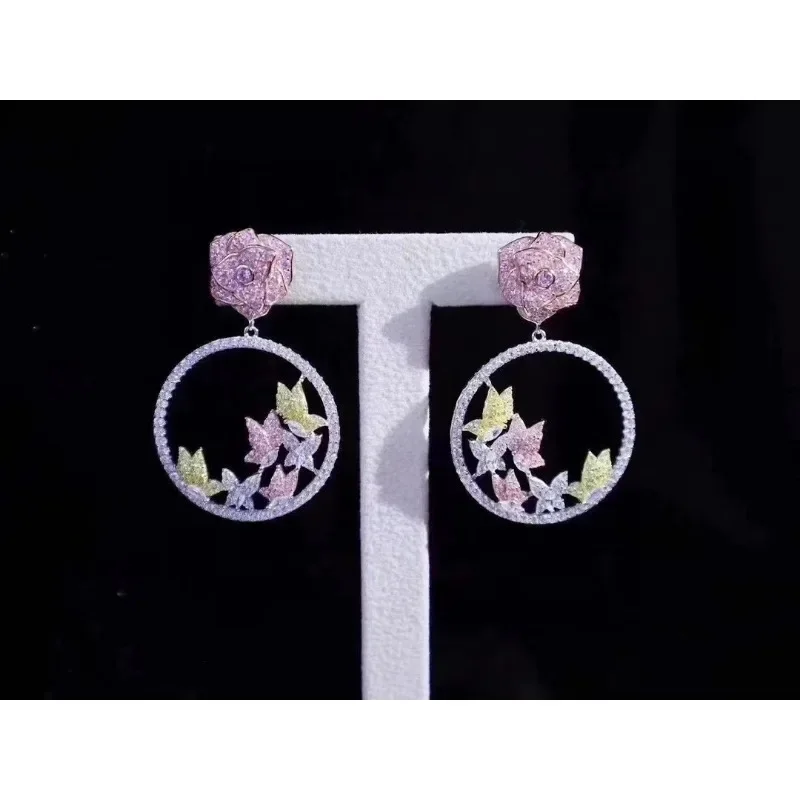 RUIF New Pink Color Rose Flower 925 Silver Round Butterfly Zirconia Earring for Women Daily Wedding Jewelry Gifts Hoop Earrings