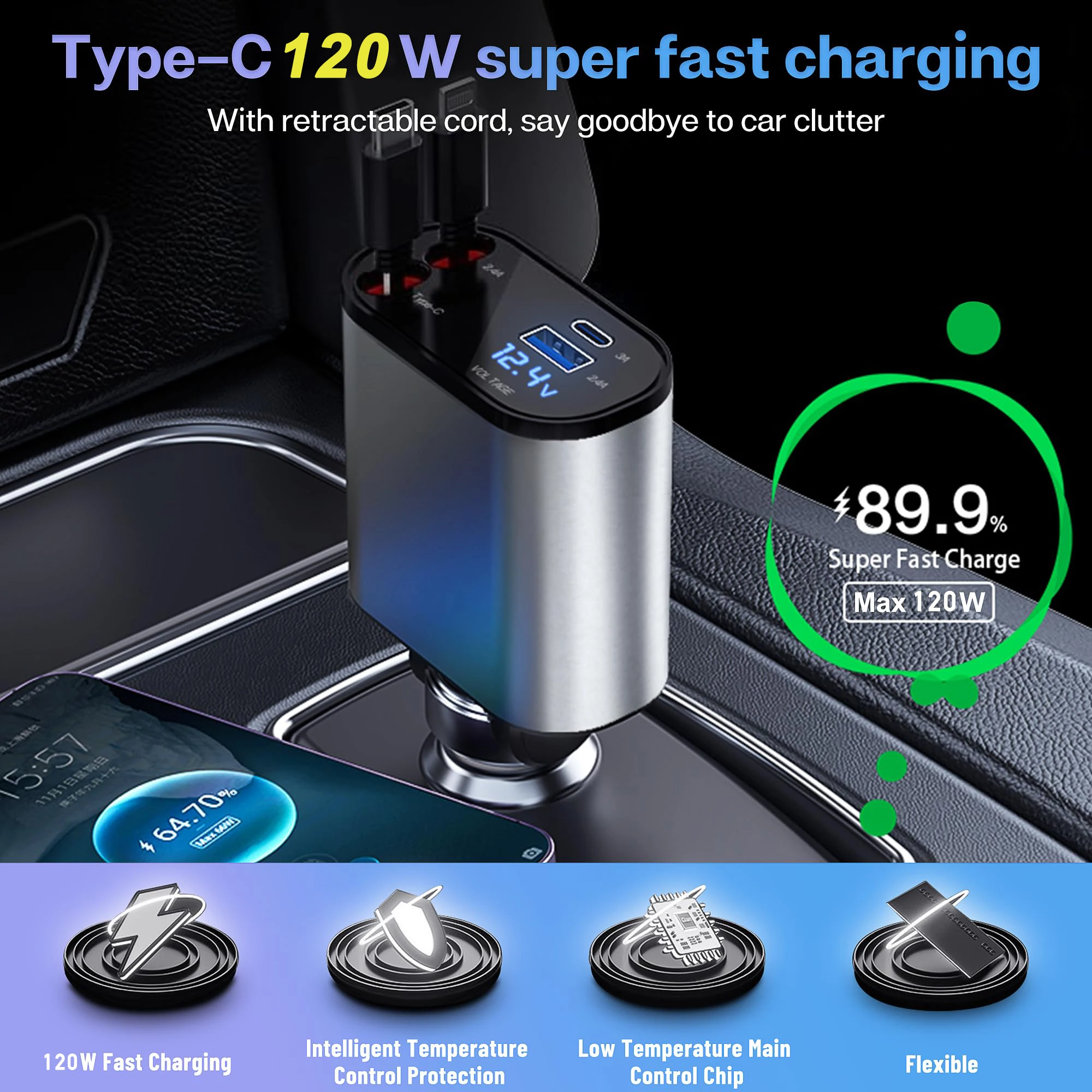 120W/66W Cargador retráctil 4 en 1 para coche, Cable USB PD tipo C de carga rápida iPhone, encendedor cigarrillos, adaptador QC, aparatos eléctricos