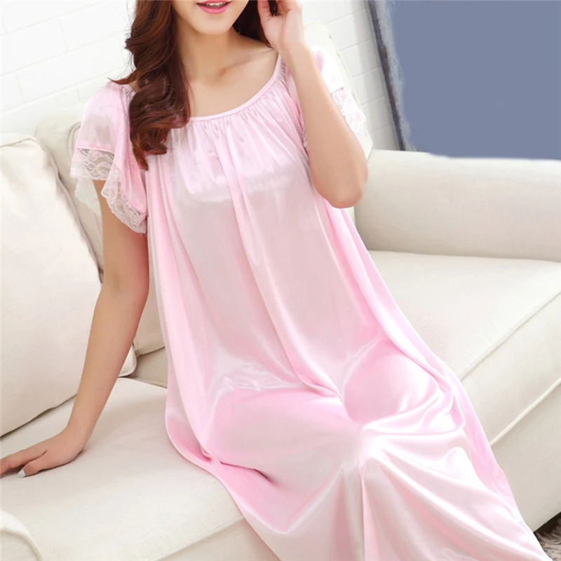 Women Night Gowns Sleepwear Lace Patchwork Nightwear Long Sleeping Dress Casual Ladies Home Dressing