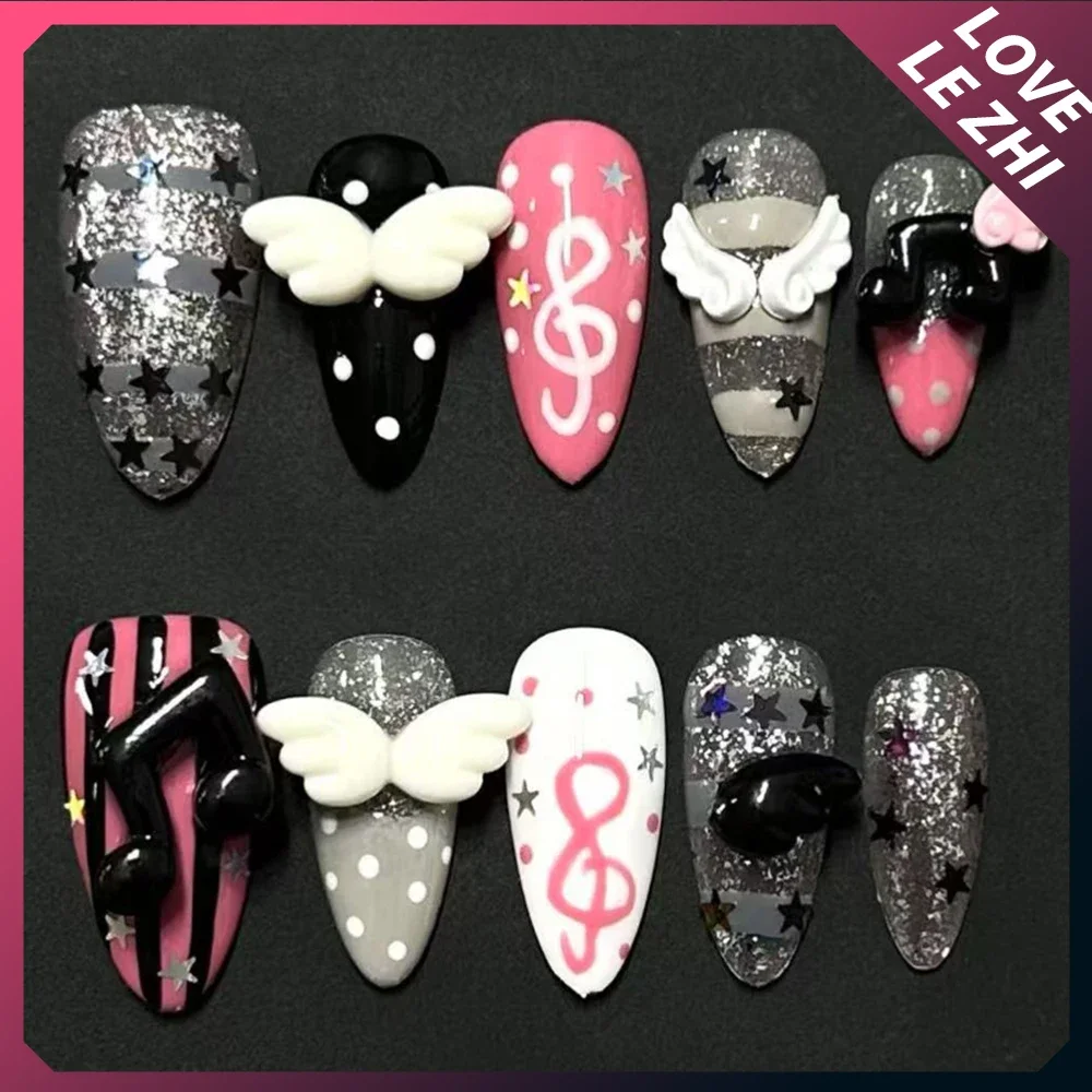 Y2K Long Coffin Duck Bill Dragon Claw Handmade Nails Party Sticker Spicy Girl Polka Point Wings Four-Leaf Clover Note Fake Nail