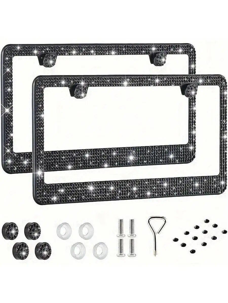 2PCS Glitter License Plate Frame - Square Hole Diamond Bling Chrome Car Accessories,Glitter Square Hole Cover, Anti-Theft Bolt
