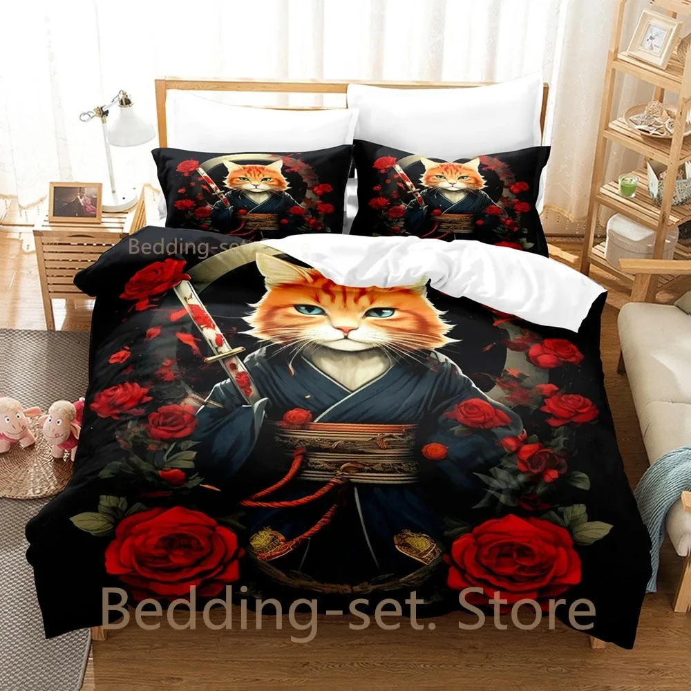 2024 COOL Samurai Cat Bedding Set Single Twin Full Queen King Size Bed Set Adult Kid Bedroom Duvetcover Sets Anime Bed Sheet Set