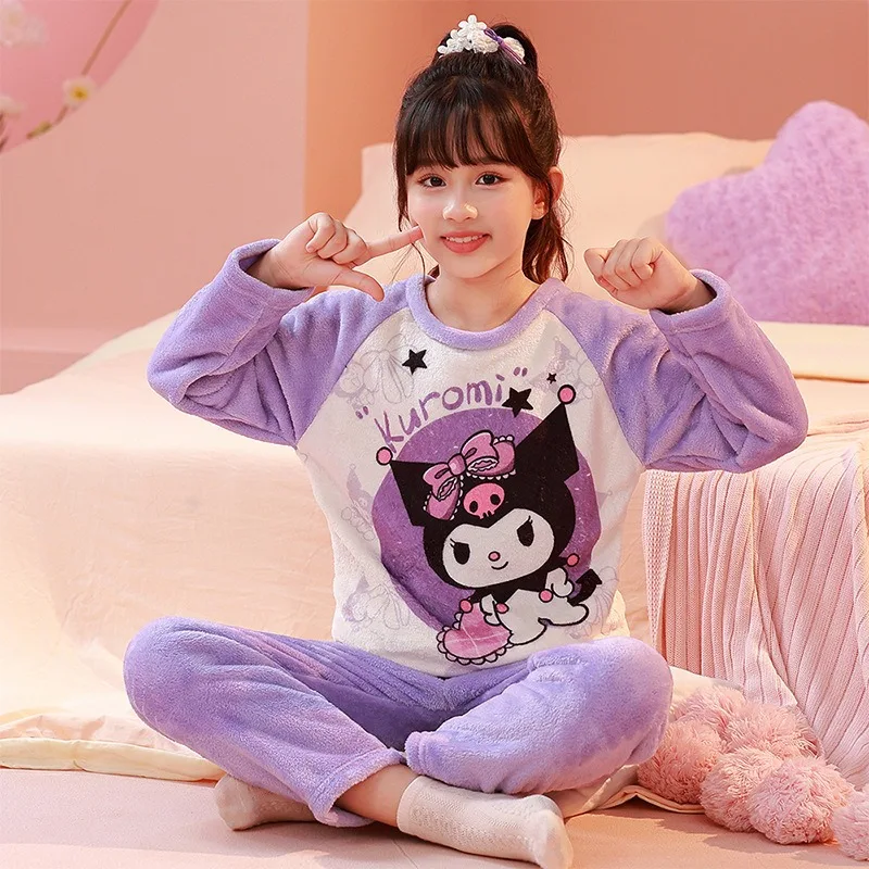 

Sanrio Autumn Kuromi Girl Clothing Cinnamoroll Children My Melody Flannel Cotton Pajama Casual Anime Long Sleeved Pyjama Winter