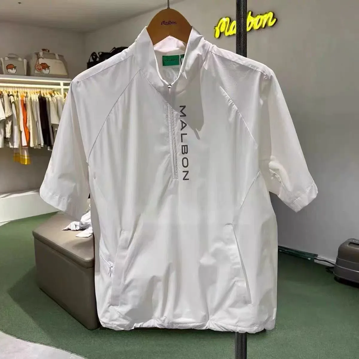 malbon Men's Golf Polo Shirt 2026 Korean Fashion Short Sleeve Half Zip Stand Collar Sports Top Casual Outdoor Golf Clothing
